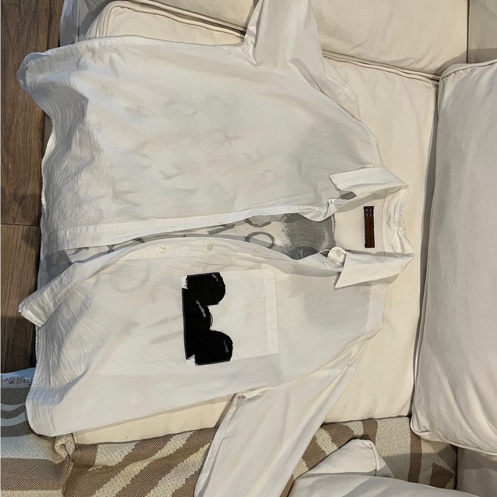 White Button-Up Shirt with Black Pocket Detail